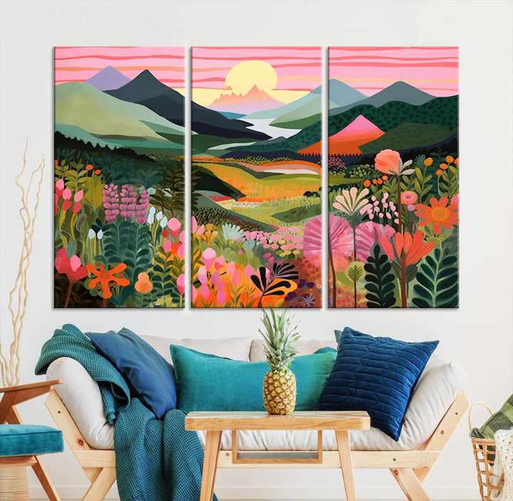 Yayoi Kusama Landscape Canvas Print, Vibrant Floral and Mountain Art, Whimsical Nature Decor, Sunset Scenery Artwork, Ideal for Modern Home