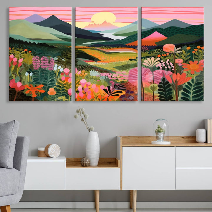 Yayoi Kusama Landscape Canvas Print, Vibrant Floral and Mountain Art, Whimsical Nature Decor, Sunset Scenery Artwork, Ideal for Modern Home