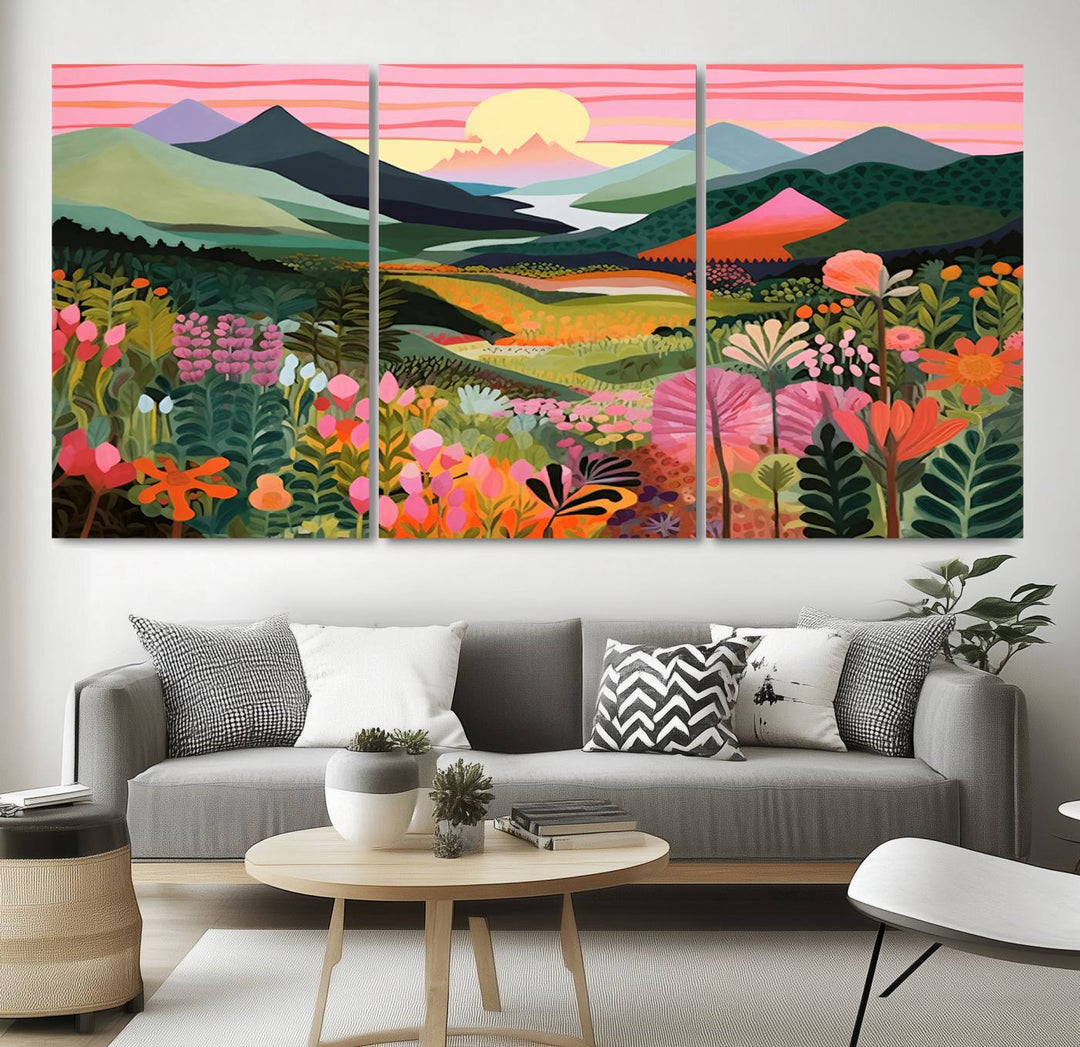 Yayoi Kusama Landscape Canvas Print, Vibrant Floral and Mountain Art, Whimsical Nature Decor, Sunset Scenery Artwork, Ideal for Modern Home