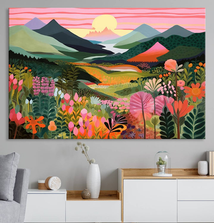 Yayoi Kusama Landscape Canvas Print, Vibrant Floral and Mountain Art, Whimsical Nature Decor, Sunset Scenery Artwork, Ideal for Modern Home