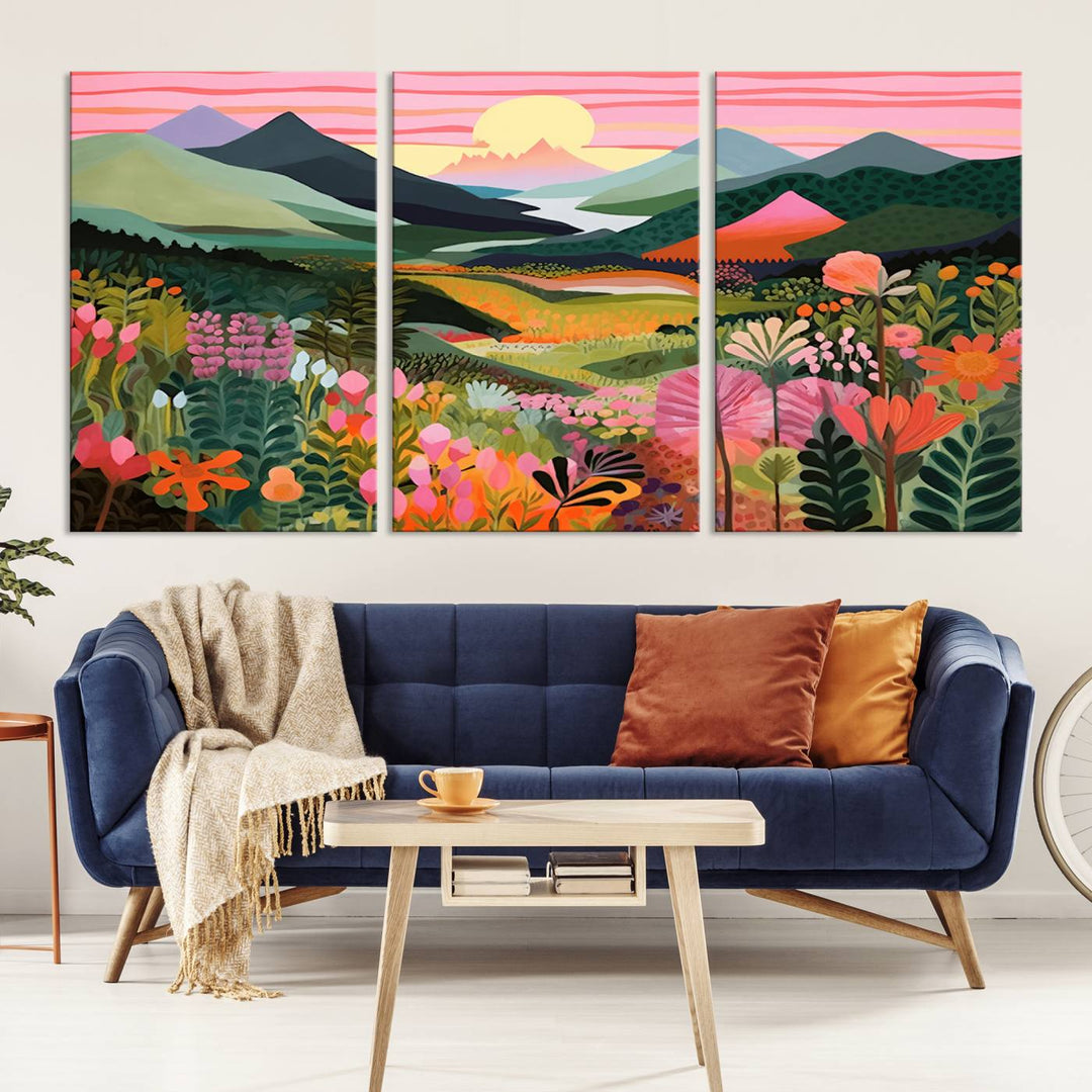 Yayoi Kusama Landscape Canvas Print, Vibrant Floral and Mountain Art, Whimsical Nature Decor, Sunset Scenery Artwork, Ideal for Modern Home