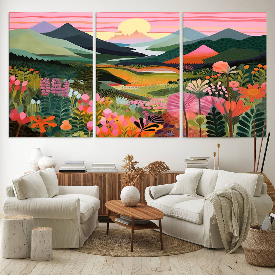 Yayoi Kusama Landscape Canvas Print, Vibrant Floral and Mountain Art, Whimsical Nature Decor, Sunset Scenery Artwork, Ideal for Modern Home