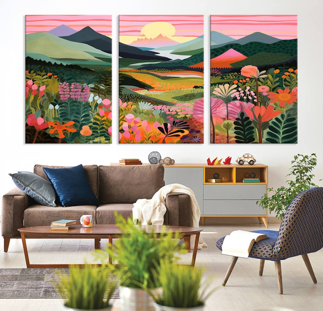 Yayoi Kusama Landscape Canvas Print, Vibrant Floral and Mountain Art, Whimsical Nature Decor, Sunset Scenery Artwork, Ideal for Modern Home