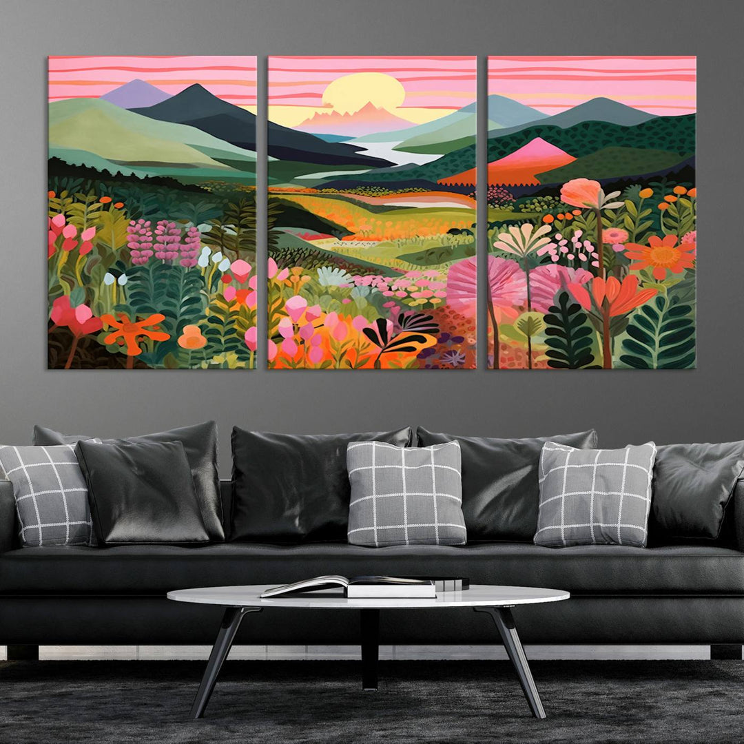 Yayoi Kusama Landscape Canvas Print, Vibrant Floral and Mountain Art, Whimsical Nature Decor, Sunset Scenery Artwork, Ideal for Modern Home