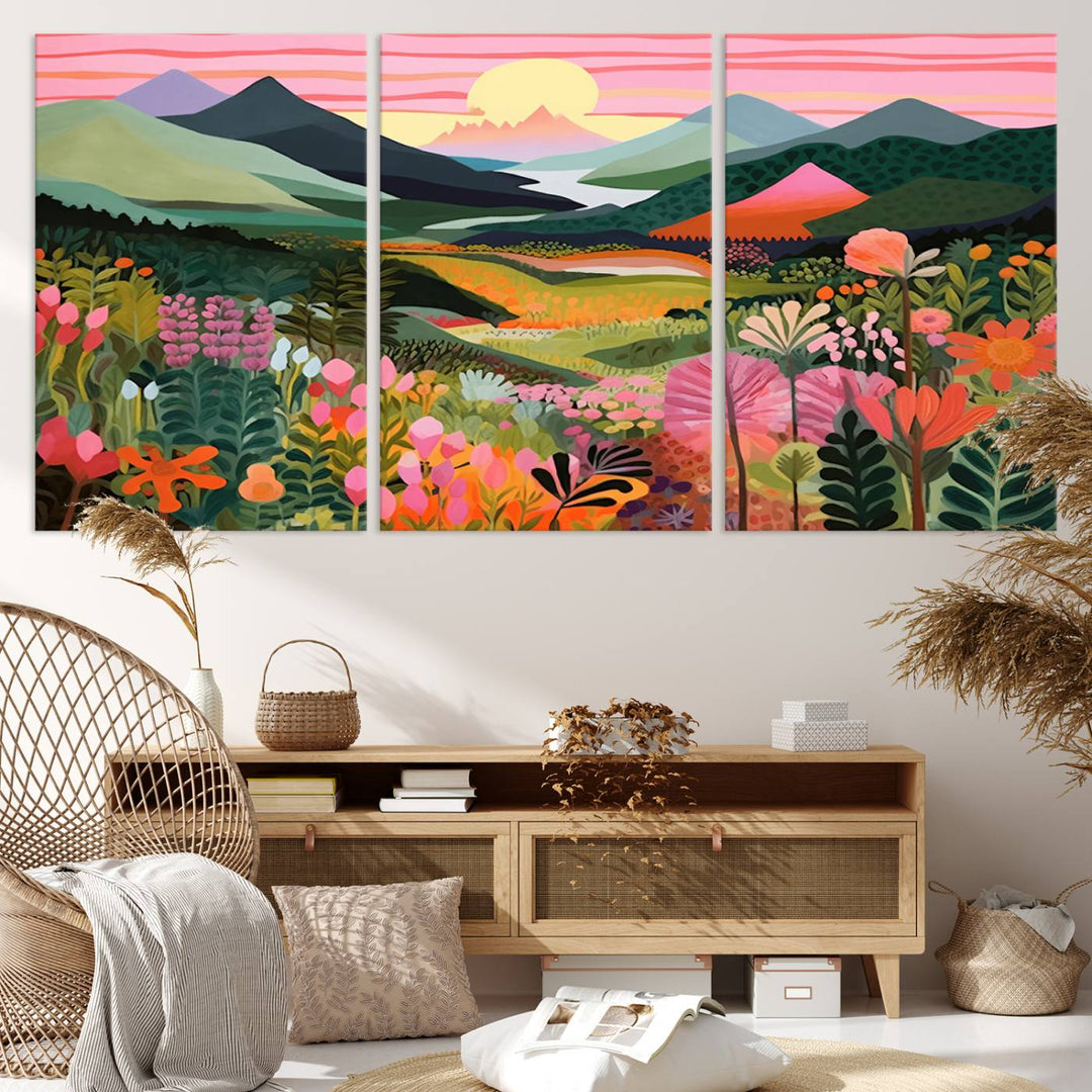 Yayoi Kusama Landscape Canvas Print, Vibrant Floral and Mountain Art, Whimsical Nature Decor, Sunset Scenery Artwork, Ideal for Modern Home