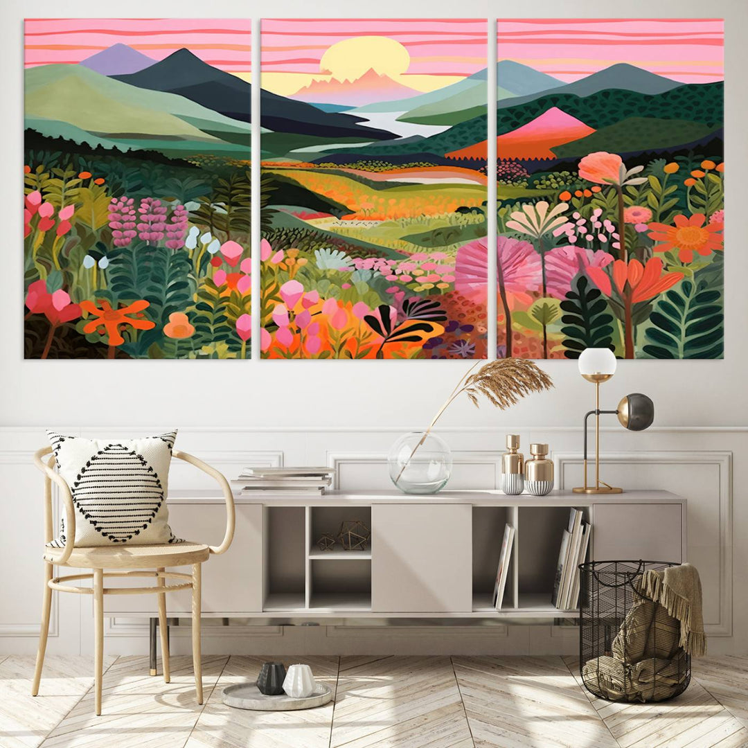 Yayoi Kusama Landscape Canvas Print, Vibrant Floral and Mountain Art, Whimsical Nature Decor, Sunset Scenery Artwork, Ideal for Modern Home