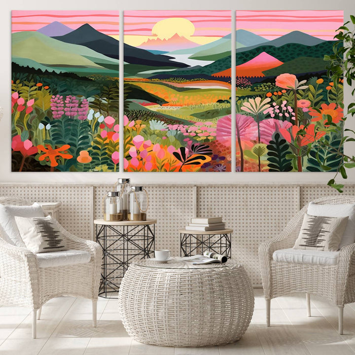 Yayoi Kusama Landscape Canvas Print, Vibrant Floral and Mountain Art, Whimsical Nature Decor, Sunset Scenery Artwork, Ideal for Modern Home