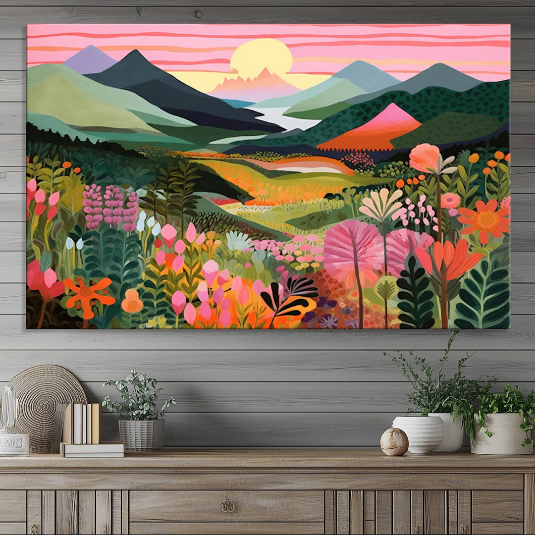 Yayoi Kusama Landscape Canvas Print, Vibrant Floral and Mountain Art, Whimsical Nature Decor, Sunset Scenery Artwork, Ideal for Modern Home