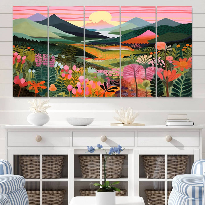 Yayoi Kusama Landscape Canvas Print, Vibrant Floral and Mountain Art, Whimsical Nature Decor, Sunset Scenery Artwork, Ideal for Modern Home