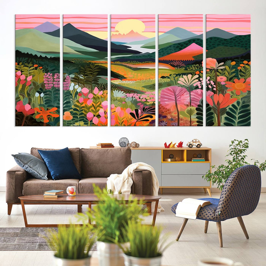 Yayoi Kusama Landscape Canvas Print, Vibrant Floral and Mountain Art, Whimsical Nature Decor, Sunset Scenery Artwork, Ideal for Modern Home