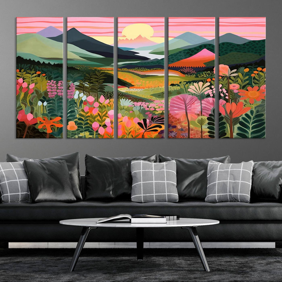 Yayoi Kusama Landscape Canvas Print, Vibrant Floral and Mountain Art, Whimsical Nature Decor, Sunset Scenery Artwork, Ideal for Modern Home