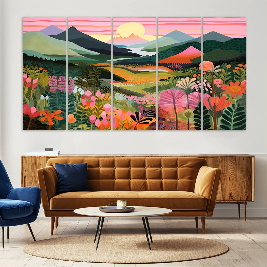 Yayoi Kusama Landscape Canvas Print, Vibrant Floral and Mountain Art, Whimsical Nature Decor, Sunset Scenery Artwork, Ideal for Modern Home