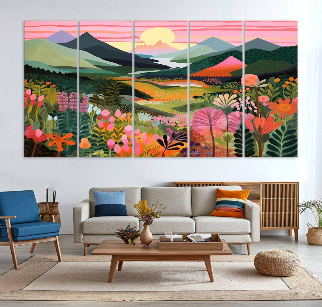 Yayoi Kusama Landscape Canvas Print, Vibrant Floral and Mountain Art, Whimsical Nature Decor, Sunset Scenery Artwork, Ideal for Modern Home