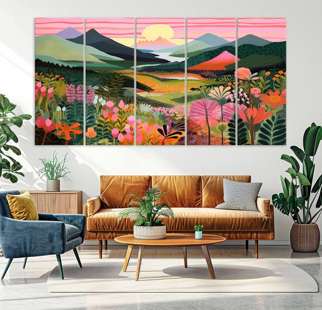 Yayoi Kusama Landscape Canvas Print, Vibrant Floral and Mountain Art, Whimsical Nature Decor, Sunset Scenery Artwork, Ideal for Modern Home