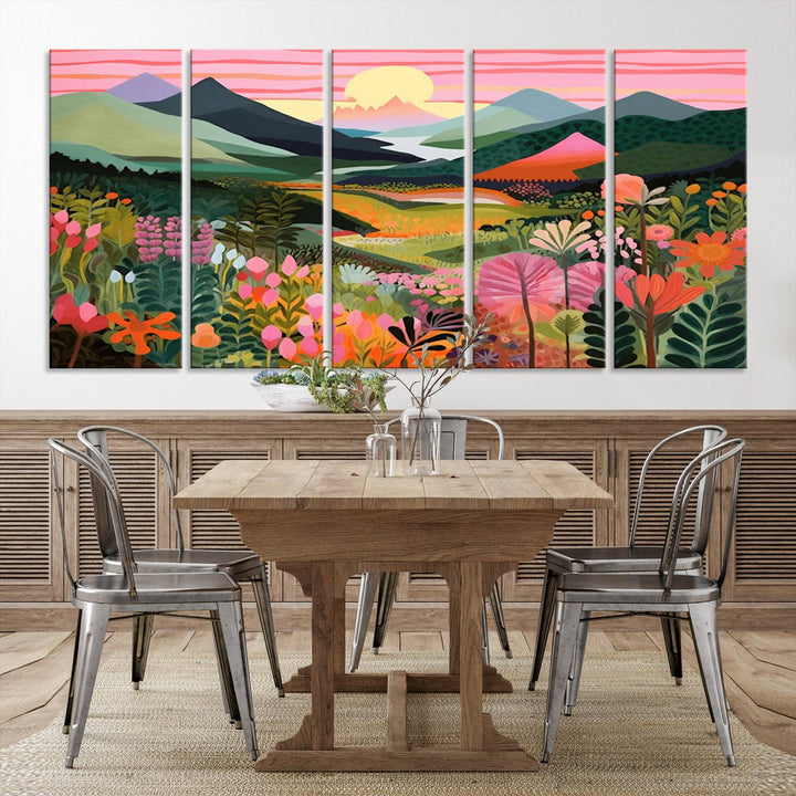 Yayoi Kusama Landscape Canvas Print, Vibrant Floral and Mountain Art, Whimsical Nature Decor, Sunset Scenery Artwork, Ideal for Modern Home