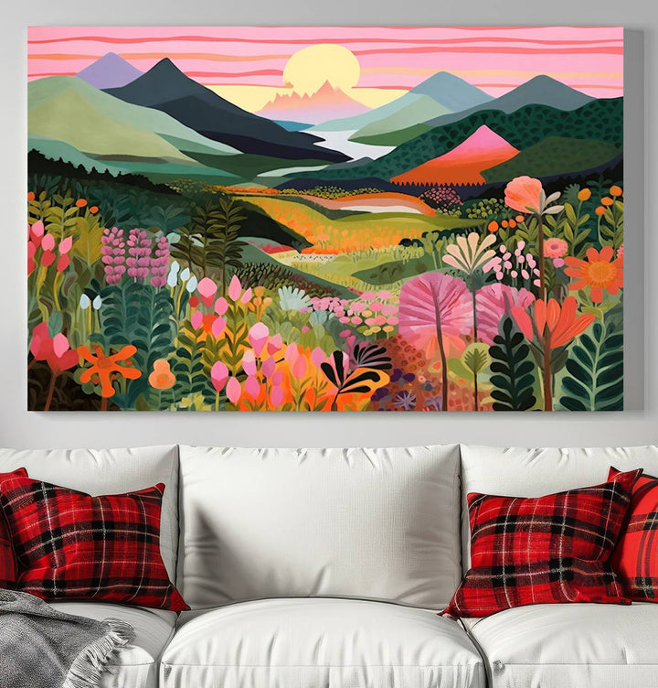 Yayoi Kusama Landscape Canvas Print, Vibrant Floral and Mountain Art, Whimsical Nature Decor, Sunset Scenery Artwork, Ideal for Modern Home