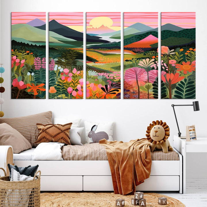 Yayoi Kusama Landscape Canvas Print, Vibrant Floral and Mountain Art, Whimsical Nature Decor, Sunset Scenery Artwork, Ideal for Modern Home