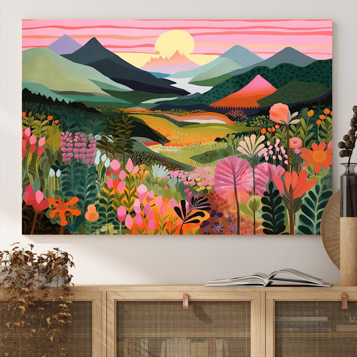 Yayoi Kusama Landscape Canvas Print, Vibrant Floral and Mountain Art, Whimsical Nature Decor, Sunset Scenery Artwork, Ideal for Modern Home