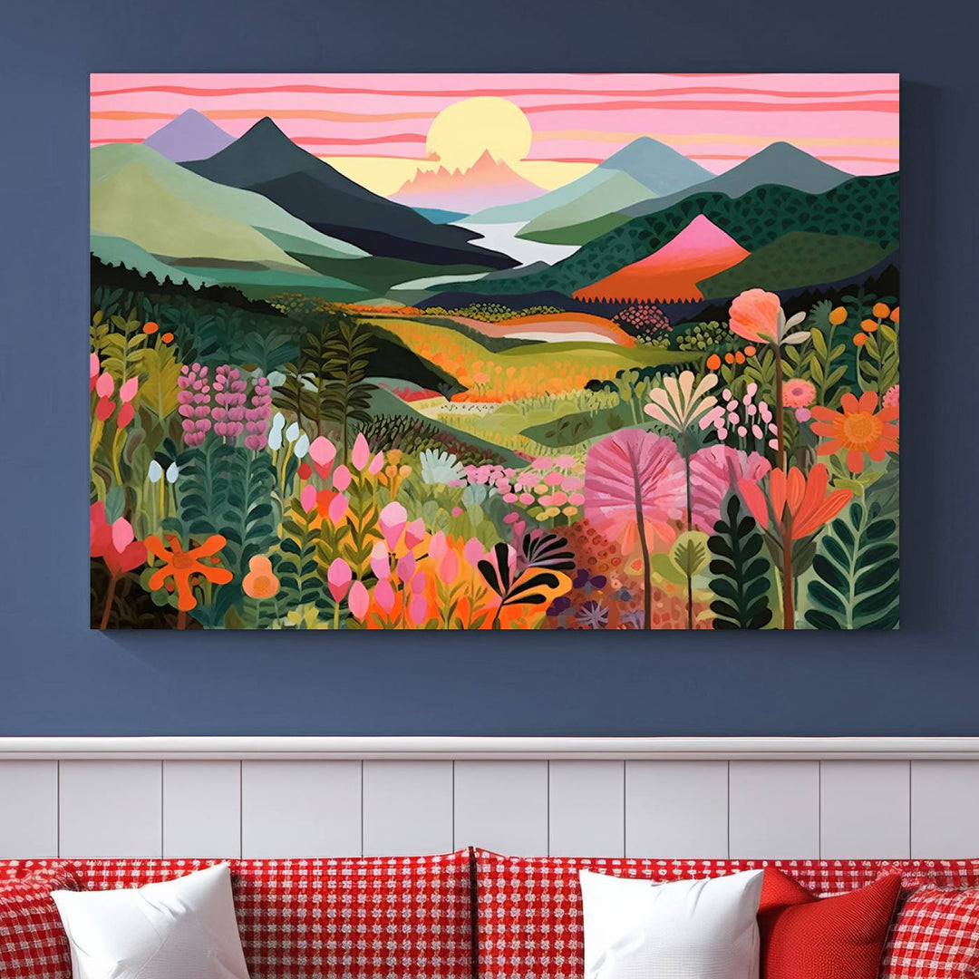 Yayoi Kusama Landscape Canvas Print, Vibrant Floral and Mountain Art, Whimsical Nature Decor, Sunset Scenery Artwork, Ideal for Modern Home