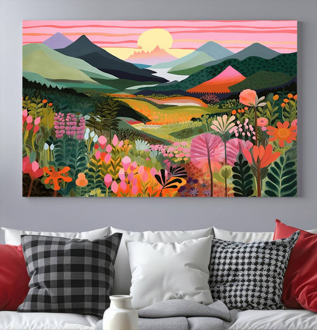 Yayoi Kusama Landscape Canvas Print, Vibrant Floral and Mountain Art, Whimsical Nature Decor, Sunset Scenery Artwork, Ideal for Modern Home