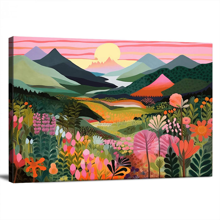 Yayoi Kusama Landscape Canvas Print, Vibrant Floral and Mountain Art, Whimsical Nature Decor, Sunset Scenery Artwork, Ideal for Modern Home