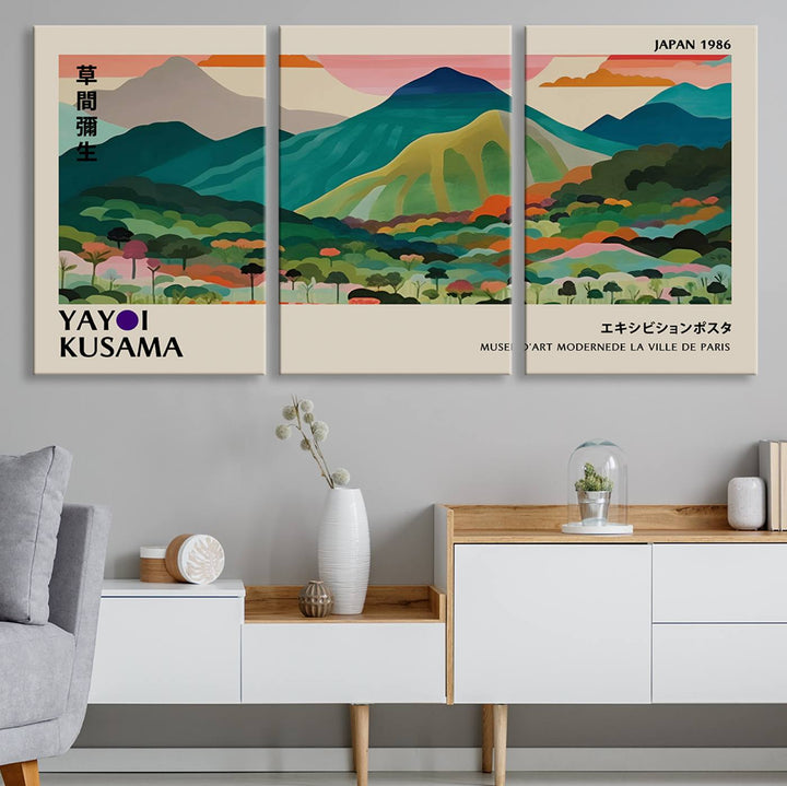 Yayoi Kusama Landscape Canvas Print, Vibrant Floral Mountain Art Print, Botanical Flower Nature Decor, Sunset Scenery Artwork, Ideal for Modern Home