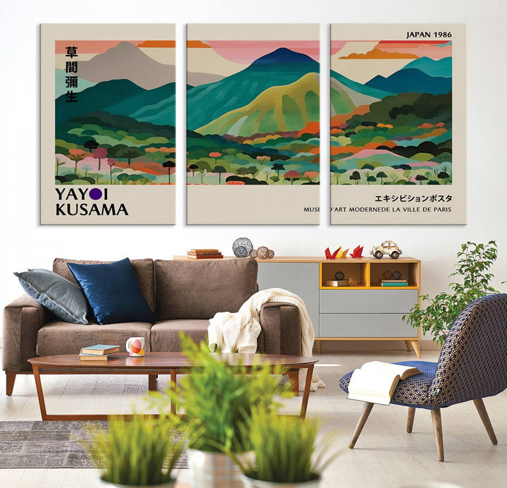 Yayoi Kusama Landscape Canvas Print, Vibrant Floral Mountain Art Print, Botanical Flower Nature Decor, Sunset Scenery Artwork, Ideal for Modern Home