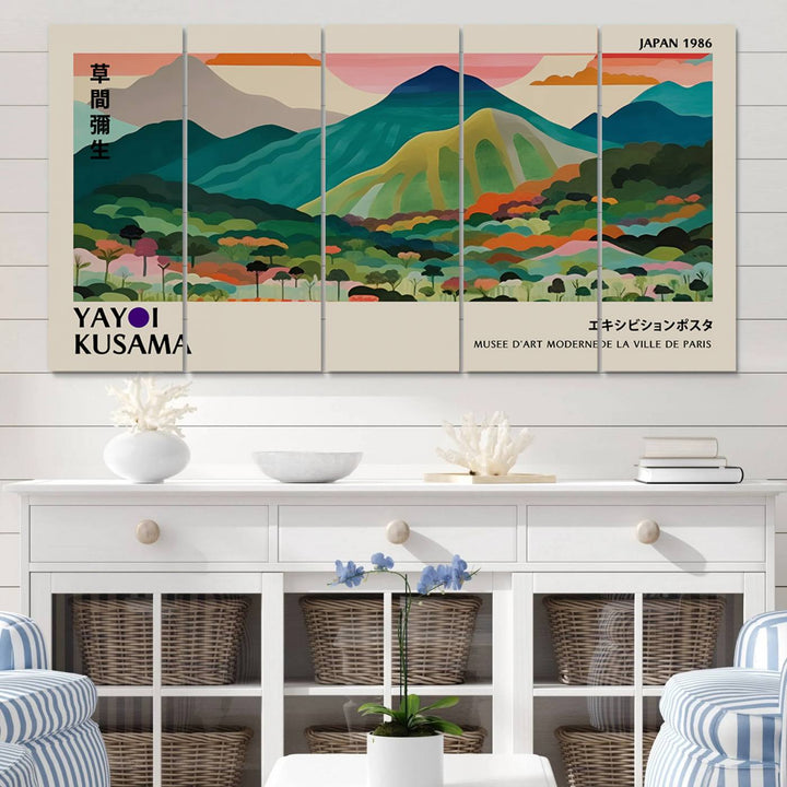 Yayoi Kusama Landscape Canvas Print, Vibrant Floral Mountain Art Print, Botanical Flower Nature Decor, Sunset Scenery Artwork, Ideal for Modern Home