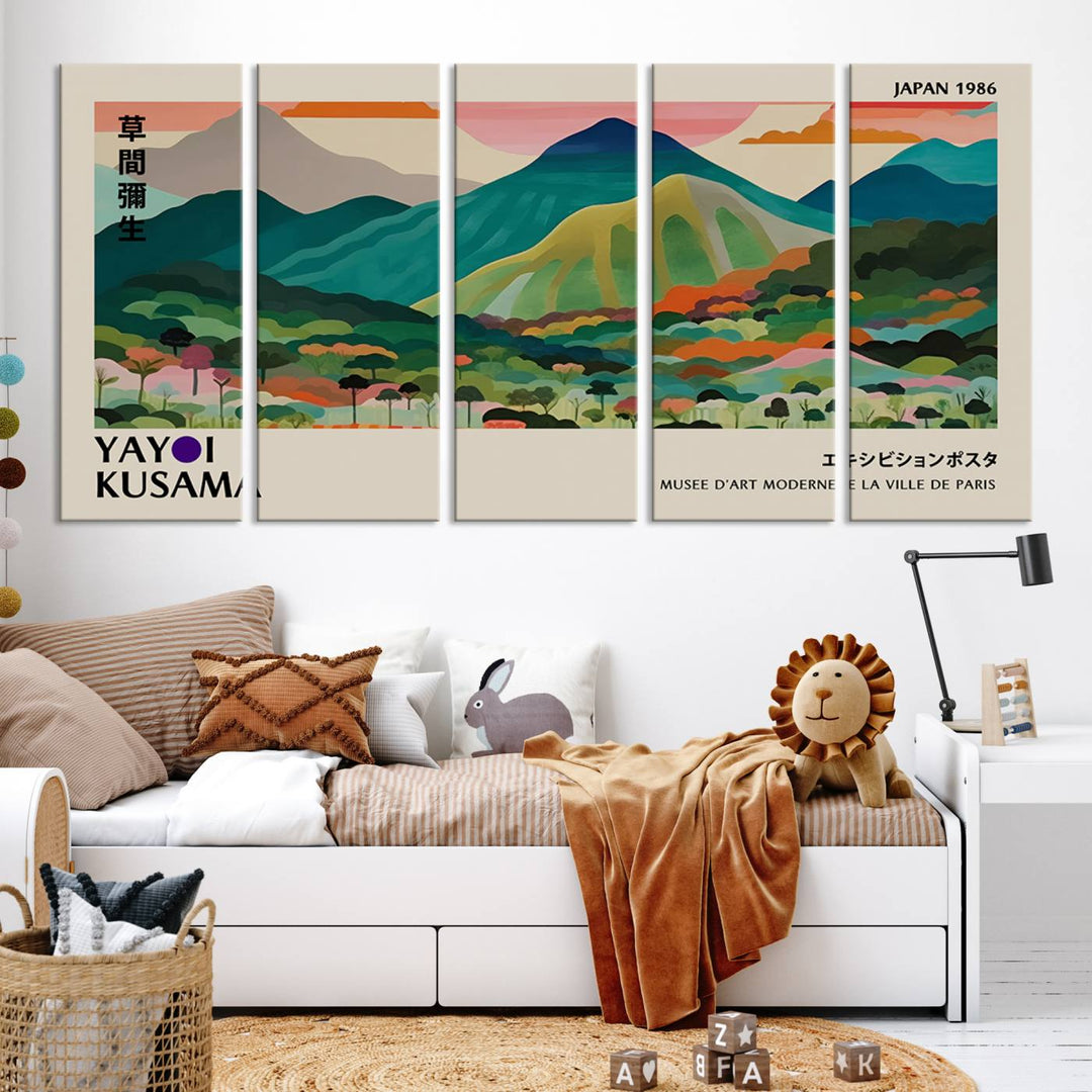 Yayoi Kusama Landscape Canvas Print, Vibrant Floral Mountain Art Print, Botanical Flower Nature Decor, Sunset Scenery Artwork, Ideal for Modern Home