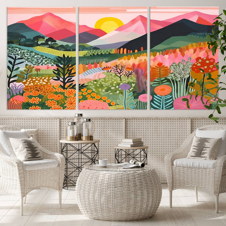 Yayoi Kusama Landscape Canvas Print, Vibrant Floral Mountain Art Print, Botanical Flower Nature Decor, Sunset Scenery Artwork, Ideal for Modern Home