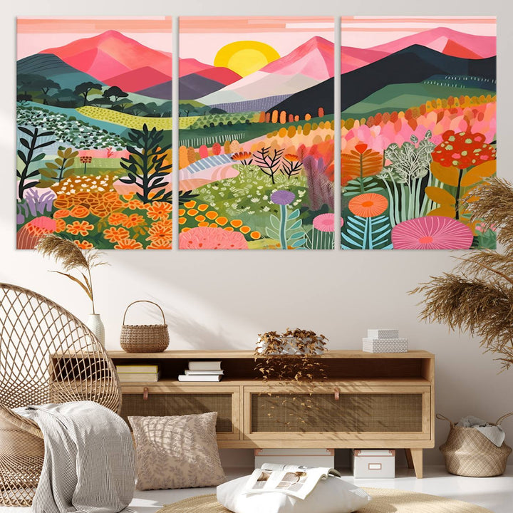 Yayoi Kusama Landscape Canvas Print, Vibrant Floral Mountain Art Print, Botanical Flower Nature Decor, Sunset Scenery Artwork, Ideal for Modern Home