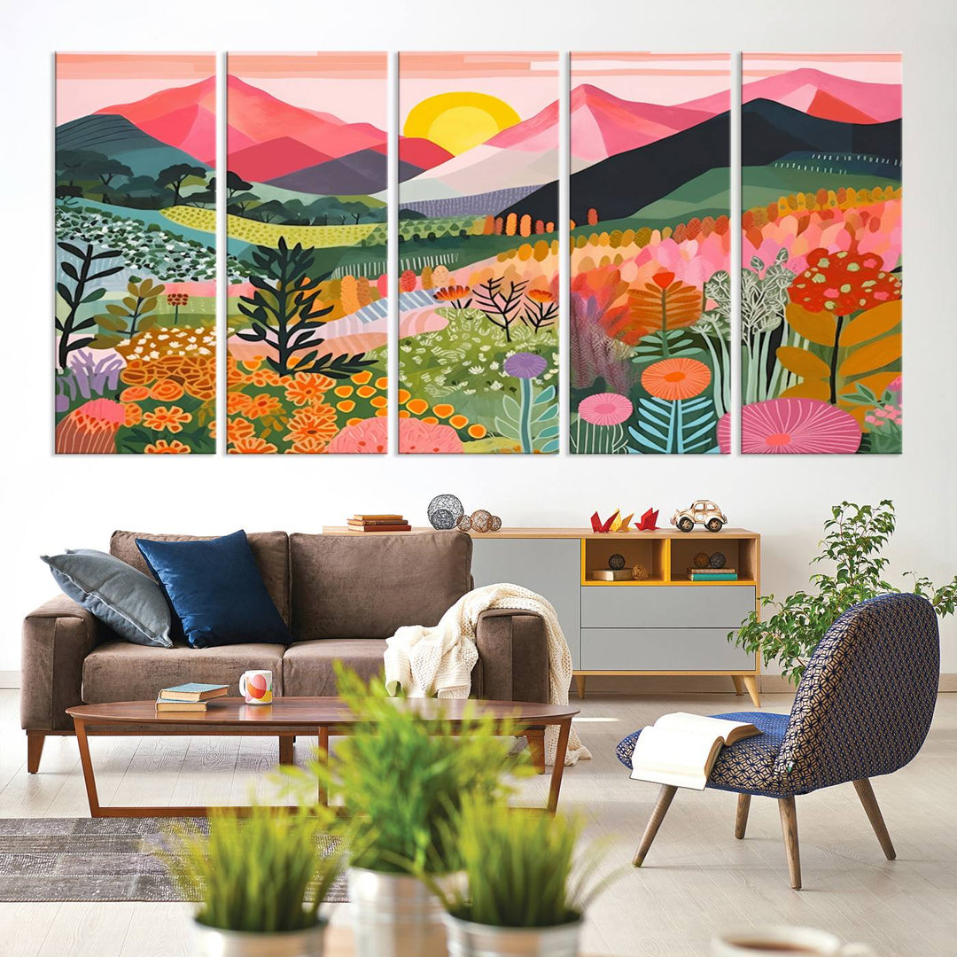 Yayoi Kusama Landscape Canvas Print, Vibrant Floral Mountain Art Print, Botanical Flower Nature Decor, Sunset Scenery Artwork, Ideal for Modern Home