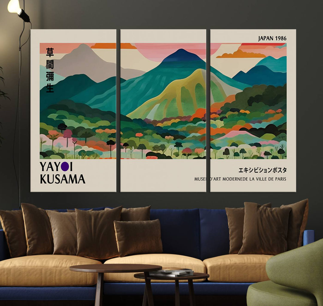 Yayoi Kusama Landscape Canvas Print, Vibrant Floral Mountain Art Print, Botanical Flower Nature Decor, Sunset Scenery Artwork, Ideal for Modern Home