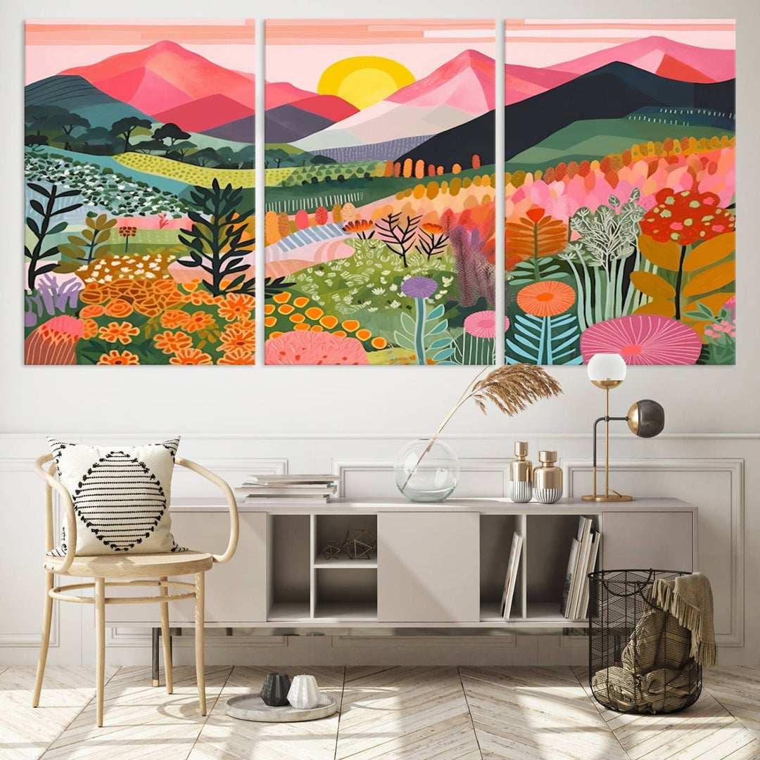 Yayoi Kusama Landscape Canvas Print, Vibrant Floral Mountain Art Print, Botanical Flower Nature Decor, Sunset Scenery Artwork, Ideal for Modern Home