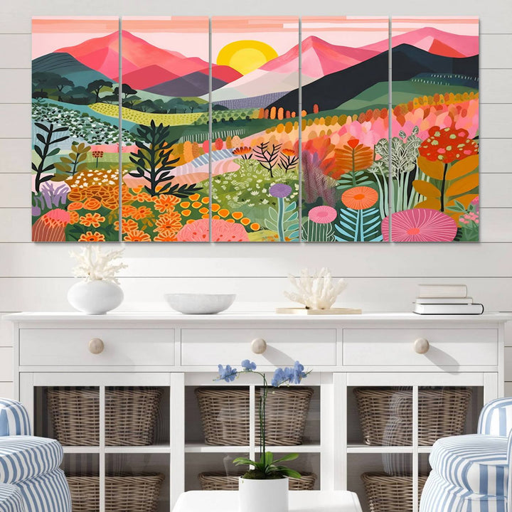 Yayoi Kusama Landscape Canvas Print, Vibrant Floral Mountain Art Print, Botanical Flower Nature Decor, Sunset Scenery Artwork, Ideal for Modern Home