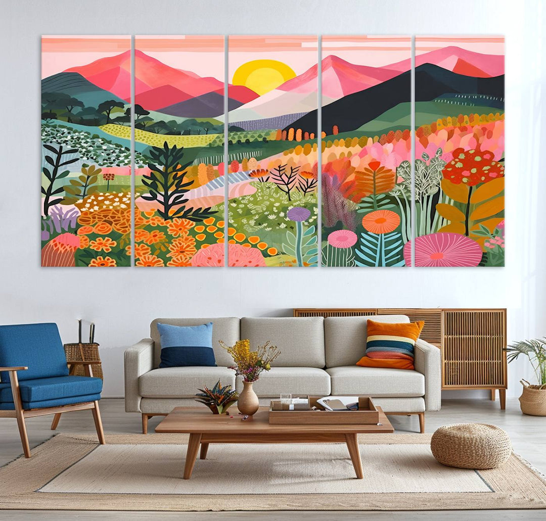 Yayoi Kusama Landscape Canvas Print, Vibrant Floral Mountain Art Print, Botanical Flower Nature Decor, Sunset Scenery Artwork, Ideal for Modern Home