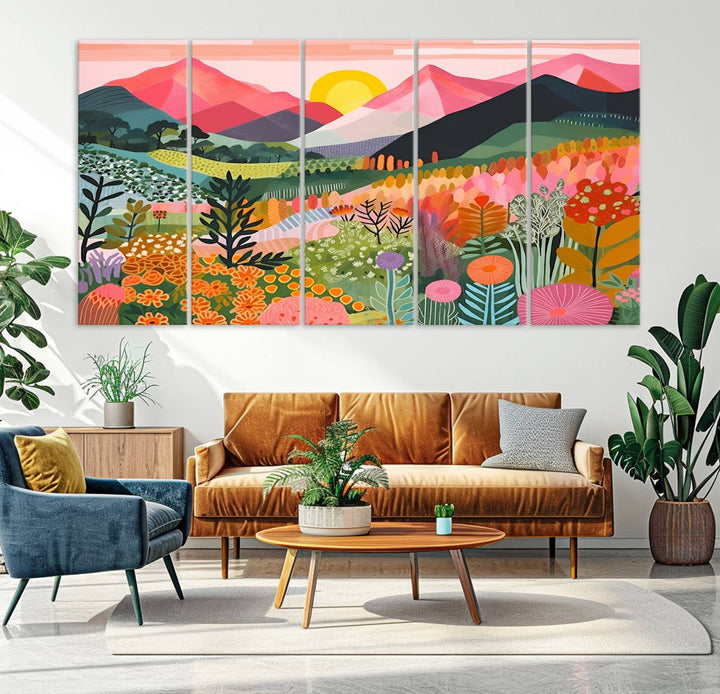 Yayoi Kusama Landscape Canvas Print, Vibrant Floral Mountain Art Print, Botanical Flower Nature Decor, Sunset Scenery Artwork, Ideal for Modern Home