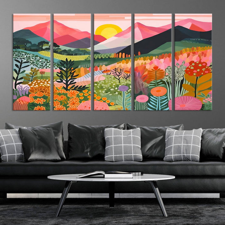 Yayoi Kusama Landscape Canvas Print, Vibrant Floral Mountain Art Print, Botanical Flower Nature Decor, Sunset Scenery Artwork, Ideal for Modern Home