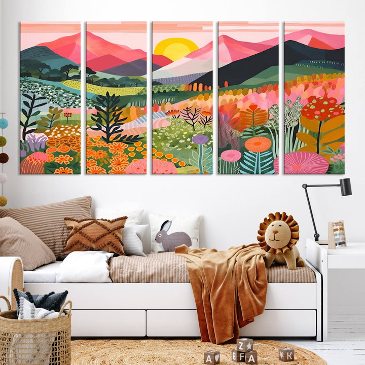 Yayoi Kusama Landscape Canvas Print, Vibrant Floral Mountain Art Print, Botanical Flower Nature Decor, Sunset Scenery Artwork, Ideal for Modern Home