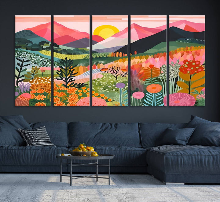 Yayoi Kusama Landscape Canvas Print, Vibrant Floral Mountain Art Print, Botanical Flower Nature Decor, Sunset Scenery Artwork, Ideal for Modern Home