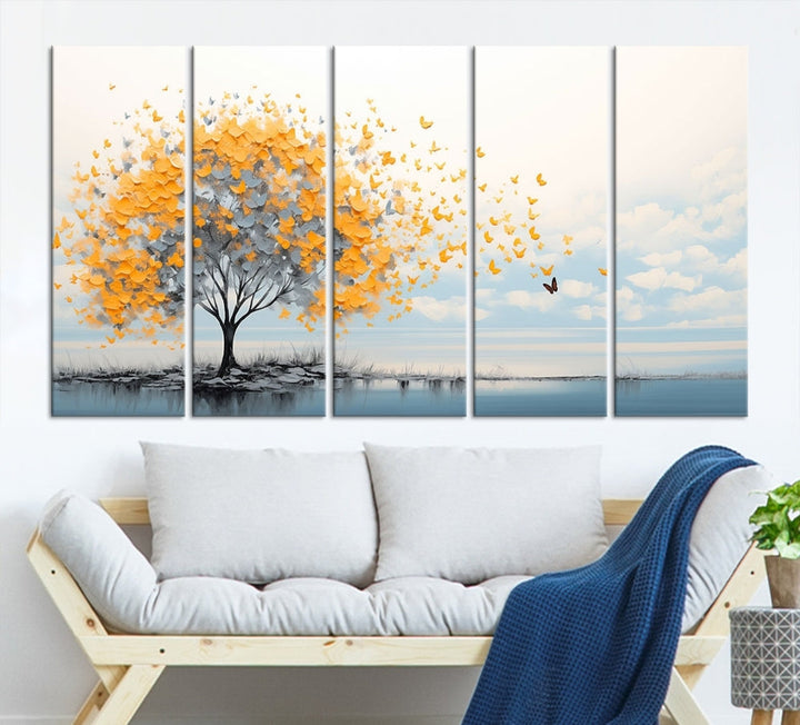 Yellow Autumn Tree Wall Art Canvas Print Nature Lake Watercolor Painting Framed Piece