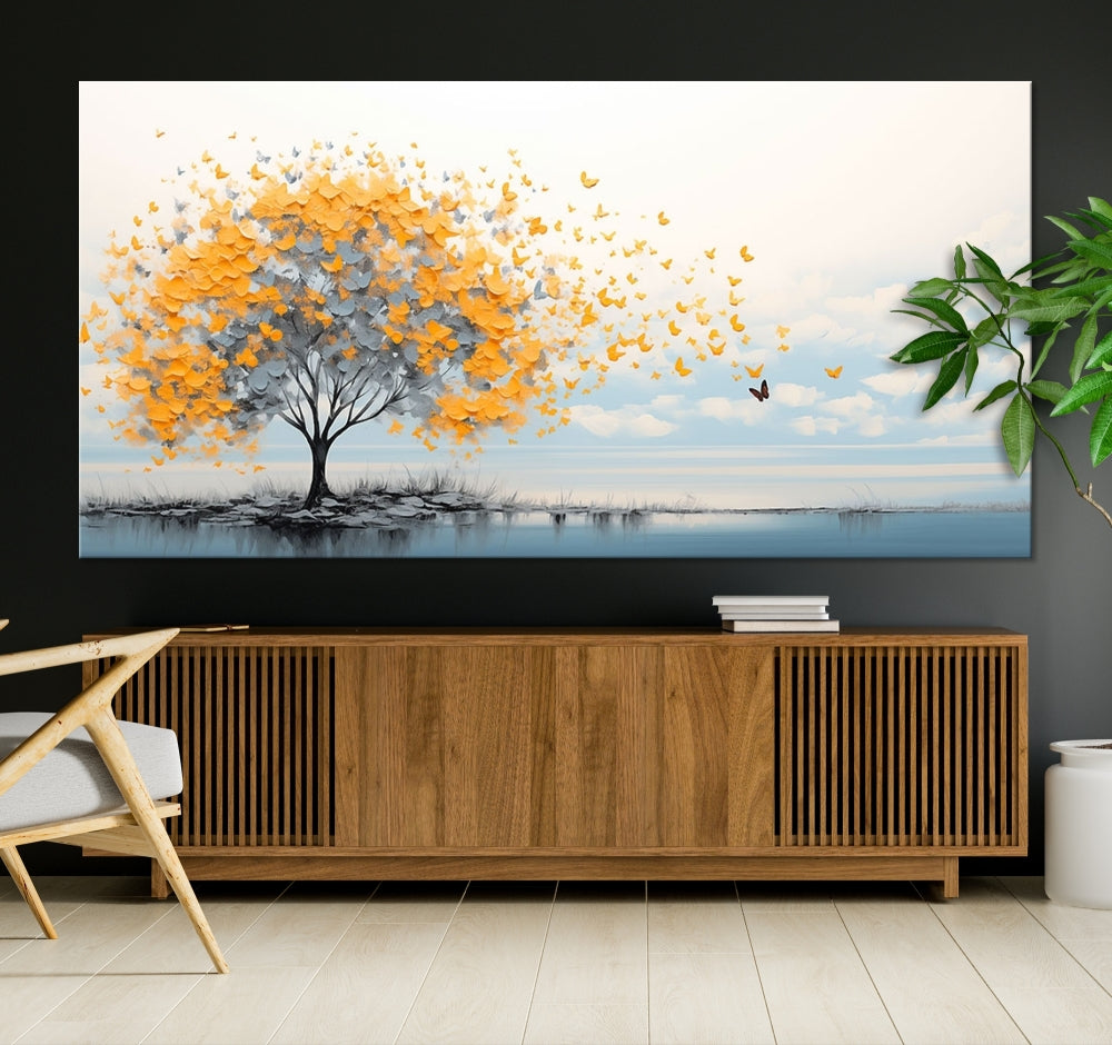 Yellow Autumn Tree Wall Art Canvas Print Nature Lake Watercolor Painting Framed Piece