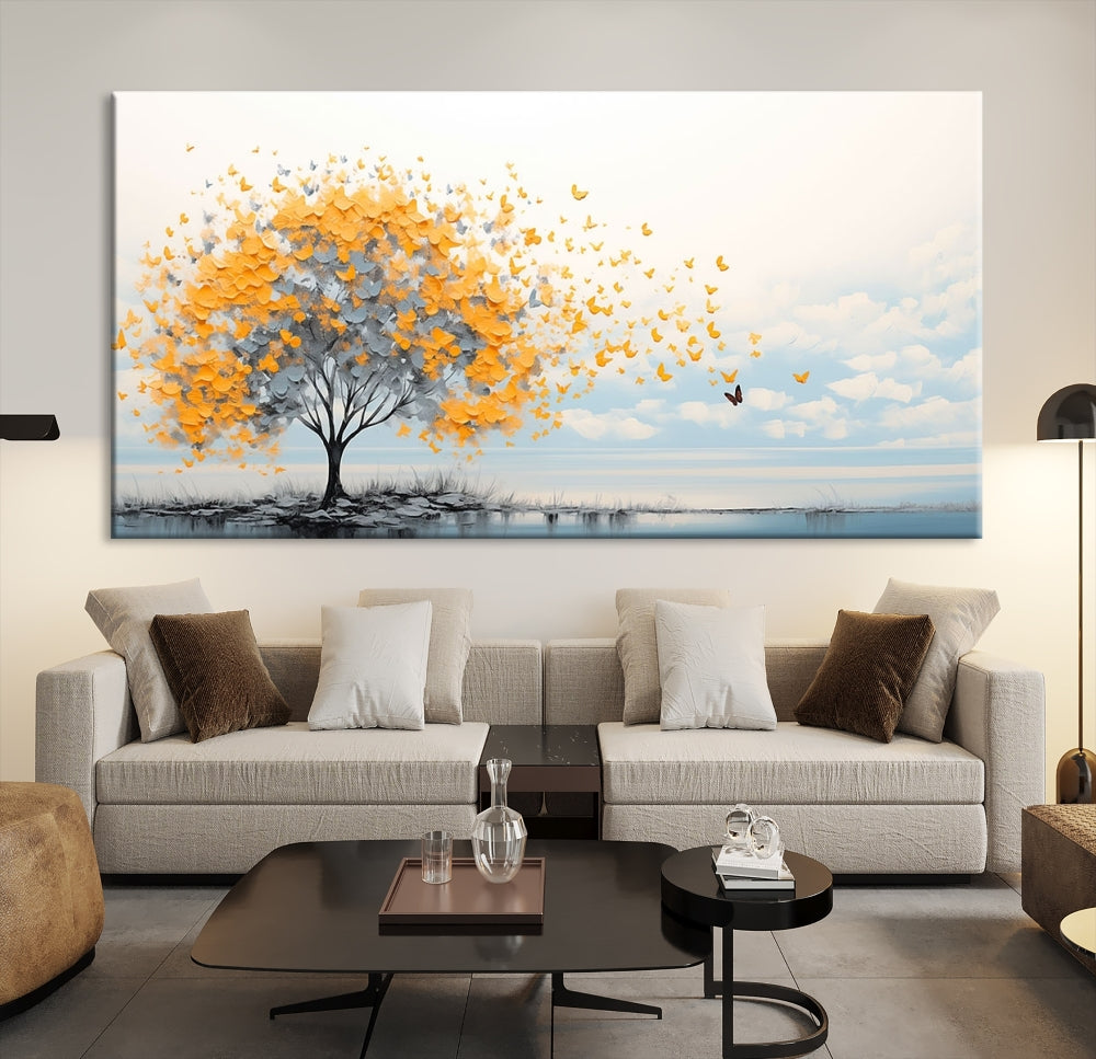 Yellow Autumn Tree Wall Art Canvas Print Nature Lake Watercolor Painting Framed Piece