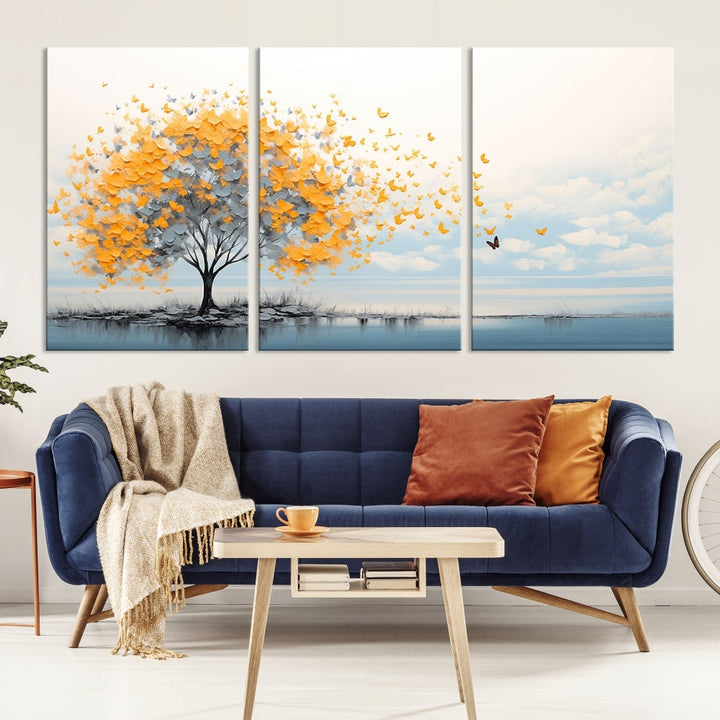 Yellow Autumn Tree Wall Art Canvas Print Nature Lake Watercolor Painting Framed Piece