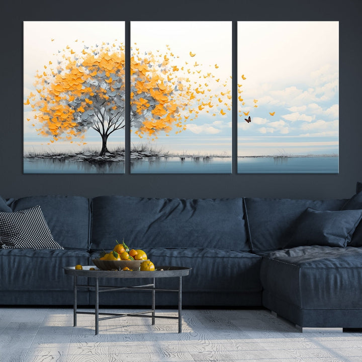 Yellow Autumn Tree Wall Art Canvas Print Nature Lake Watercolor Painting Framed Piece