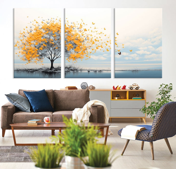 Yellow Autumn Tree Wall Art Canvas Print Nature Lake Watercolor Painting Framed Piece