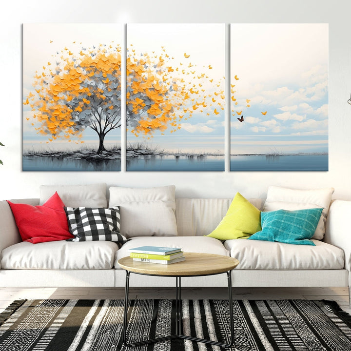 Yellow Autumn Tree Wall Art Canvas Print Nature Lake Watercolor Painting Framed Piece