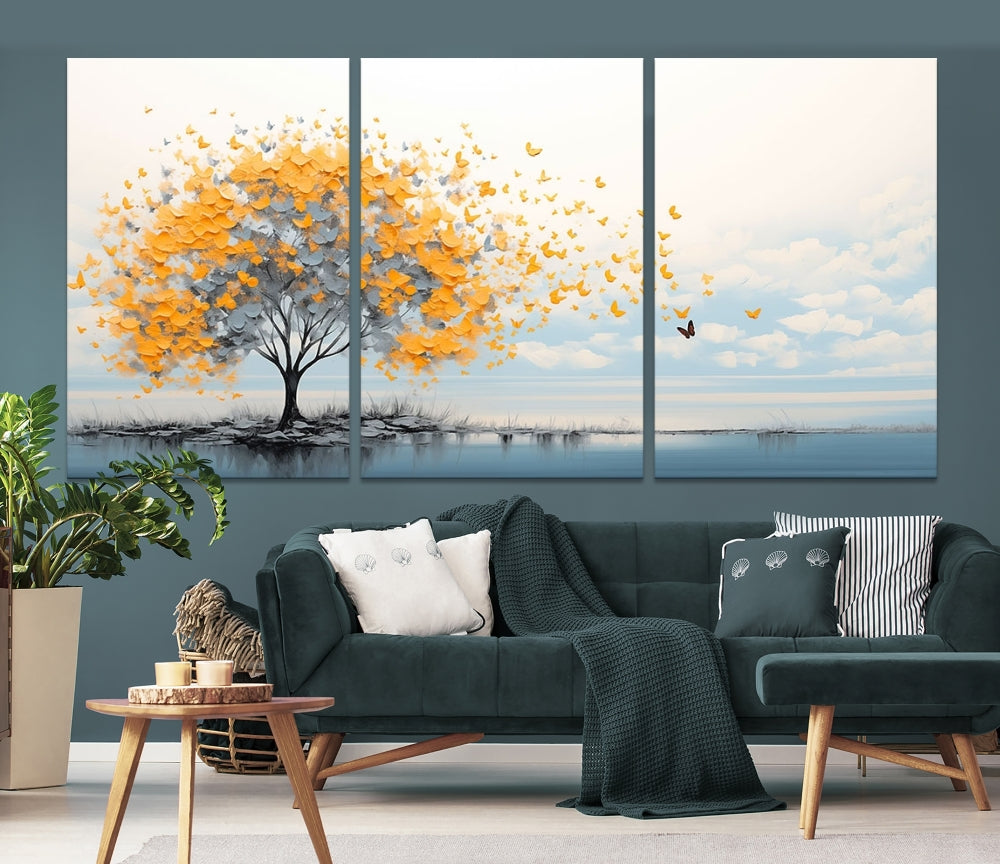 Yellow Autumn Tree Wall Art Canvas Print Nature Lake Watercolor Painting Framed Piece