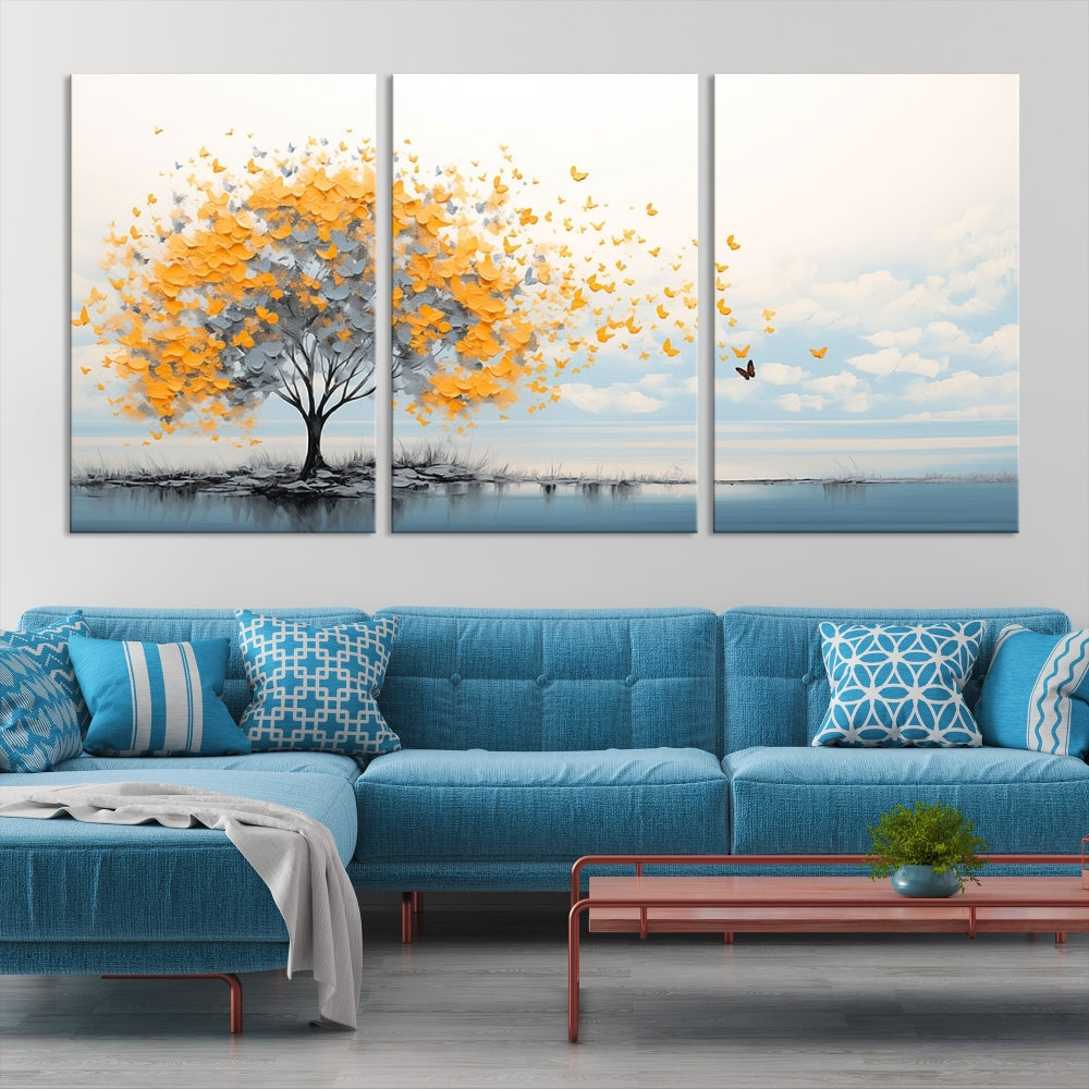 Yellow Autumn Tree Wall Art Canvas Print Nature Lake Watercolor Painting Framed Piece