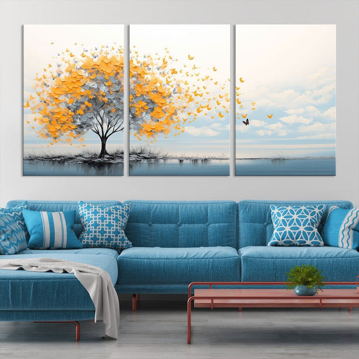 Yellow Autumn Tree Wall Art Canvas Print Nature Lake Watercolor Painting Framed Piece